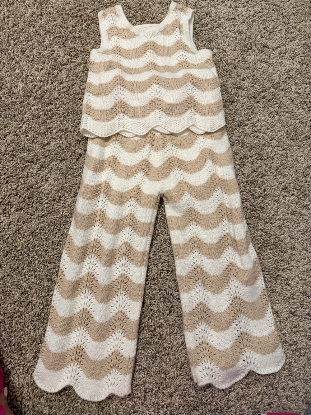 btween Cream & Tan Knit Wave-Stripe Wide-Leg Pants Set